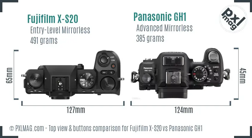 Fujifilm X-S20 vs Panasonic GH1 top view buttons comparison Fujifilm X-S20 vs Panasonic GH1 top view buttons comparison