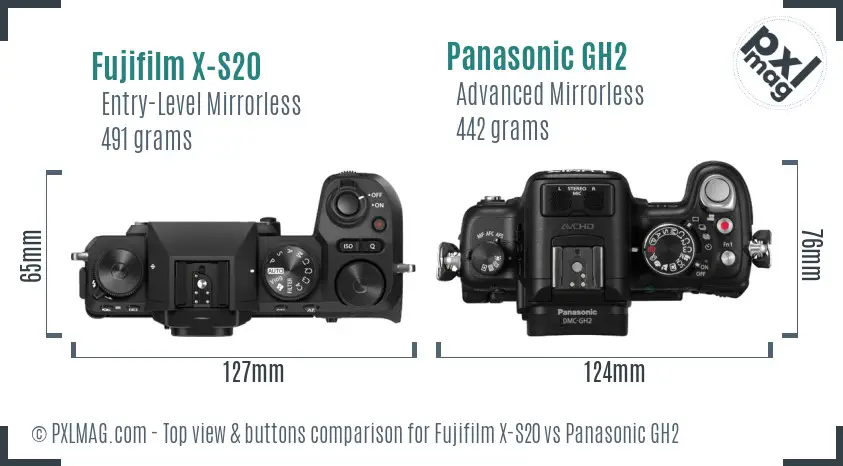 Fujifilm X-S20 vs Panasonic GH2 top view buttons comparison Fujifilm X-S20 vs Panasonic GH2 top view buttons comparison