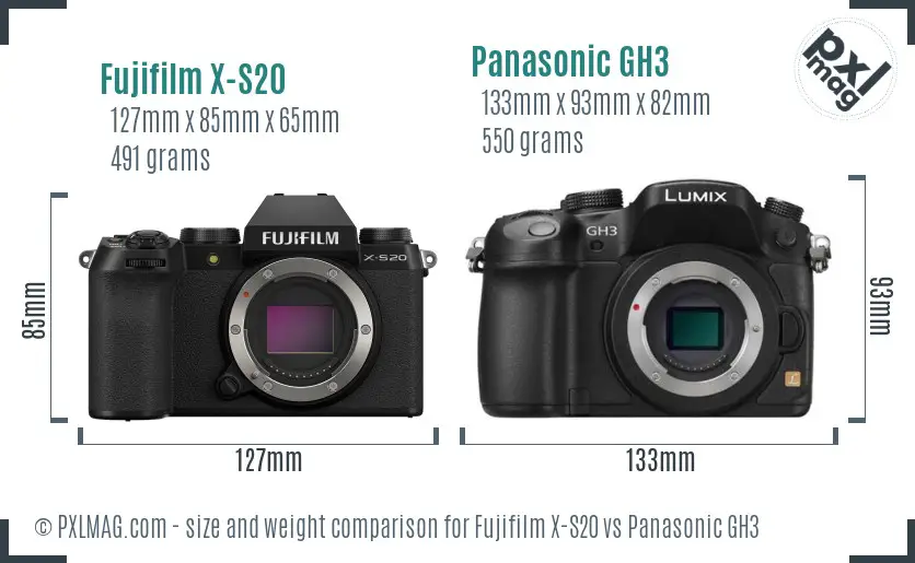 Fujifilm X-S20 vs Panasonic GH3 size comparison