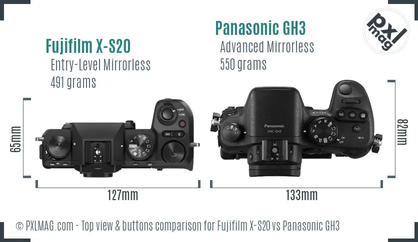 Fujifilm X-S20 vs Panasonic GH3 top view buttons comparison