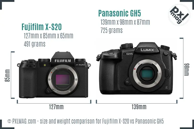 Fujifilm X-S20 vs Panasonic GH5 size comparison