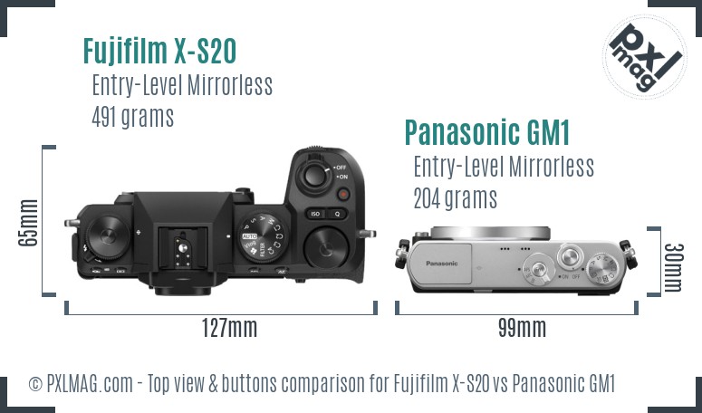 Fujifilm X-S20 vs Panasonic GM1 top view buttons comparison