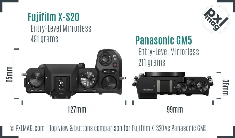 Fujifilm X-S20 vs Panasonic GM5 top view buttons comparison