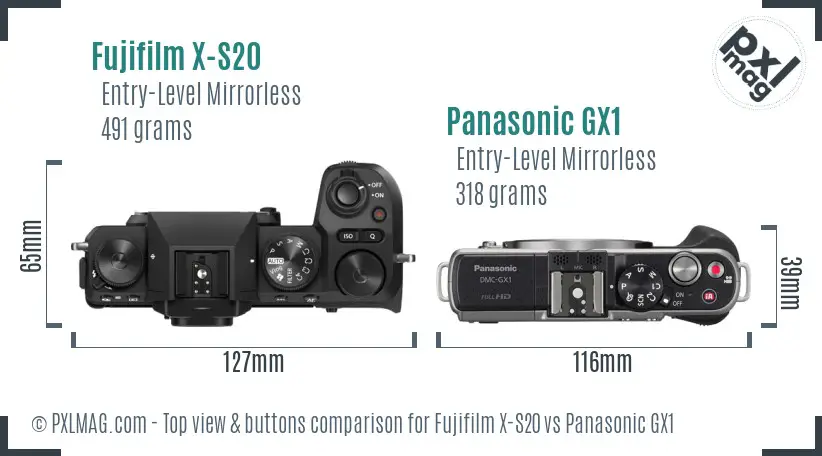 Fujifilm X-S20 vs Panasonic GX1 top view buttons comparison