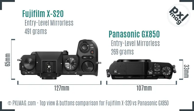 Fujifilm X-S20 vs Panasonic GX850 top view buttons comparison