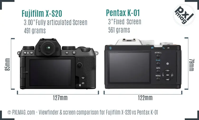 Fujifilm X-S20 vs Pentax K-01 Screen and Viewfinder comparison
