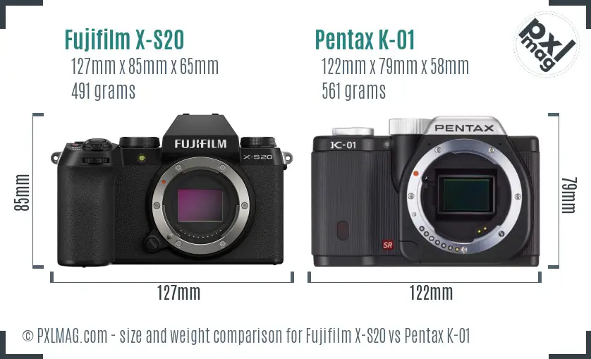 Fujifilm X-S20 vs Pentax K-01 size comparison