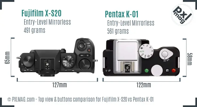 Fujifilm X-S20 vs Pentax K-01 top view buttons comparison