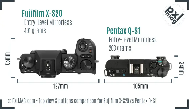 Fujifilm X-S20 vs Pentax Q-S1 top view buttons comparison