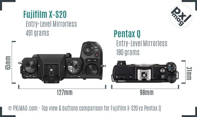 Fujifilm X-S20 vs Pentax Q top view buttons comparison