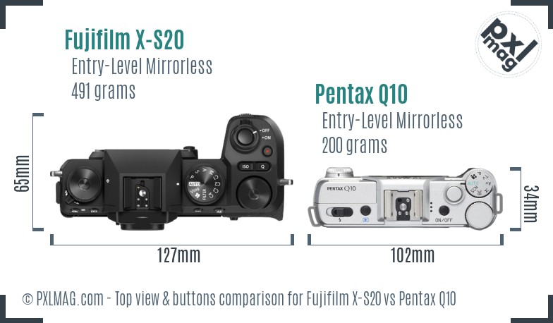 Fujifilm X-S20 vs Pentax Q10 top view buttons comparison