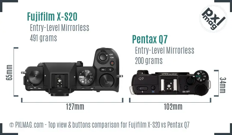 Fujifilm X-S20 vs Pentax Q7 top view buttons comparison
