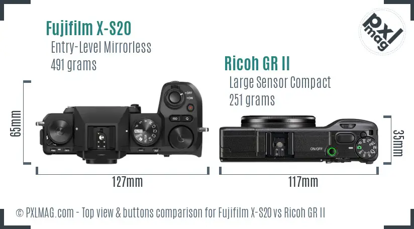 Fujifilm X-S20 vs Ricoh GR II top view buttons comparison Fujifilm X-S20 vs Ricoh GR II top view buttons comparison