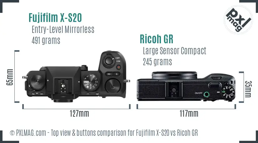 Fujifilm X-S20 vs Ricoh GR top view buttons comparison Fujifilm X-S20 vs Ricoh GR top view buttons comparison