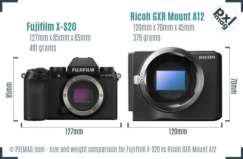 Fujifilm X-S20 vs Ricoh GXR Mount A12 size comparison