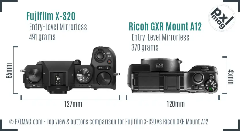 Fujifilm X-S20 vs Ricoh GXR Mount A12 top view buttons comparison