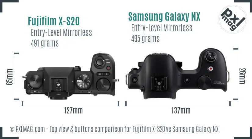 Fujifilm X-S20 vs Samsung Galaxy NX top view buttons comparison