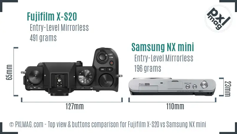 Fujifilm X-S20 vs Samsung NX mini top view buttons comparison