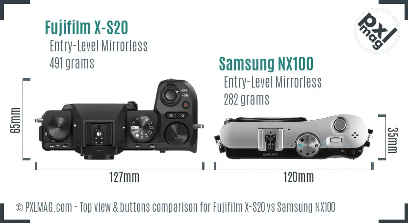 Fujifilm X-S20 vs Samsung NX100 top view buttons comparison