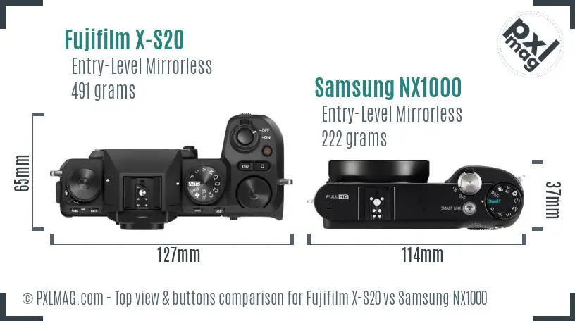 Fujifilm X-S20 vs Samsung NX1000 top view buttons comparison