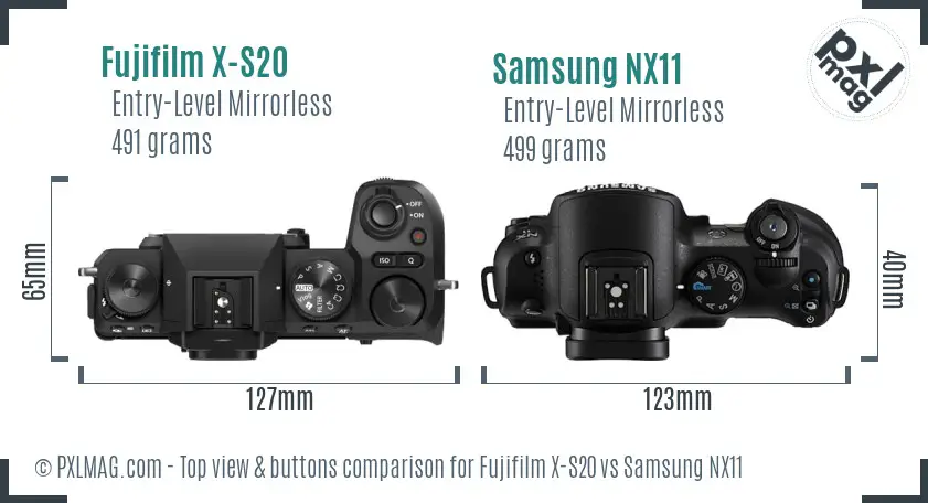 Fujifilm X-S20 vs Samsung NX11 top view buttons comparison