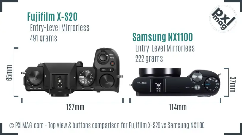 Fujifilm X-S20 vs Samsung NX1100 top view buttons comparison