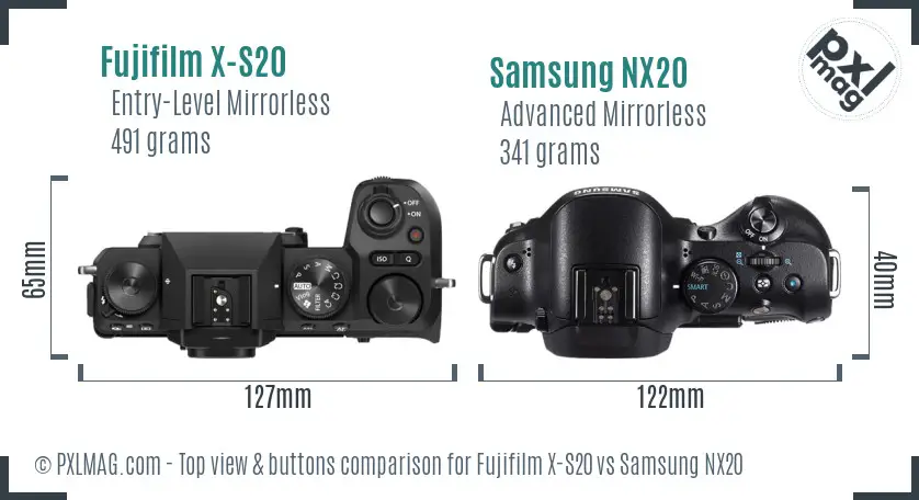 Fujifilm X-S20 vs Samsung NX20 top view buttons comparison