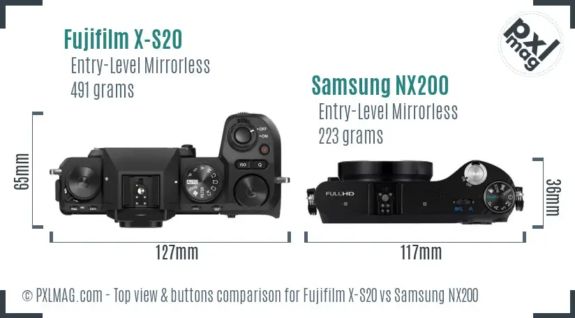 Fujifilm X-S20 vs Samsung NX200 top view buttons comparison
