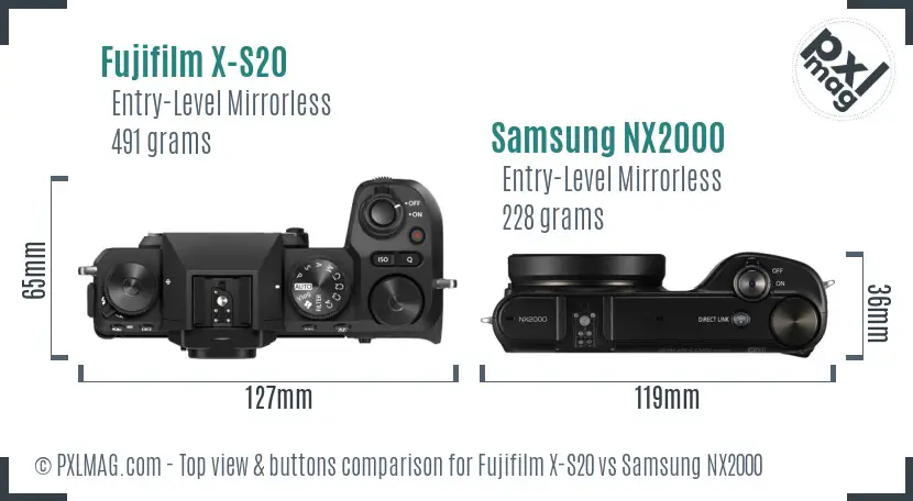 Fujifilm X-S20 vs Samsung NX2000 top view buttons comparison