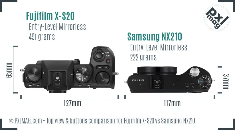 Fujifilm X-S20 vs Samsung NX210 top view buttons comparison