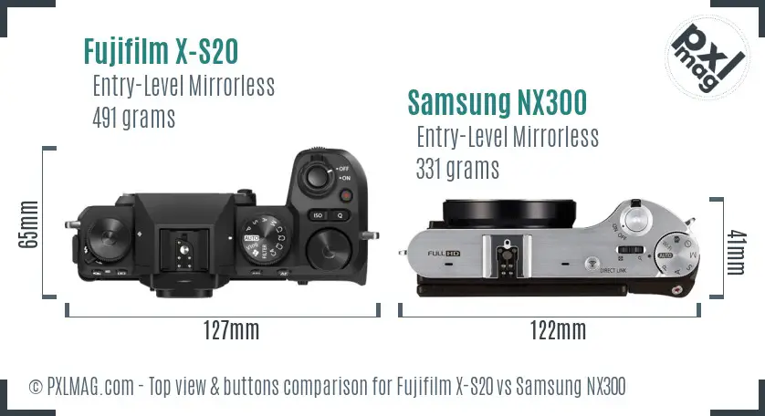 Fujifilm X-S20 vs Samsung NX300 top view buttons comparison