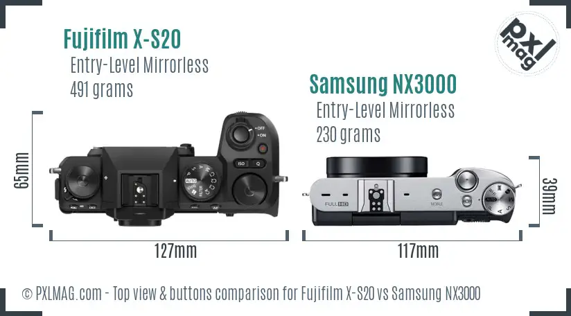 Fujifilm X-S20 vs Samsung NX3000 top view buttons comparison