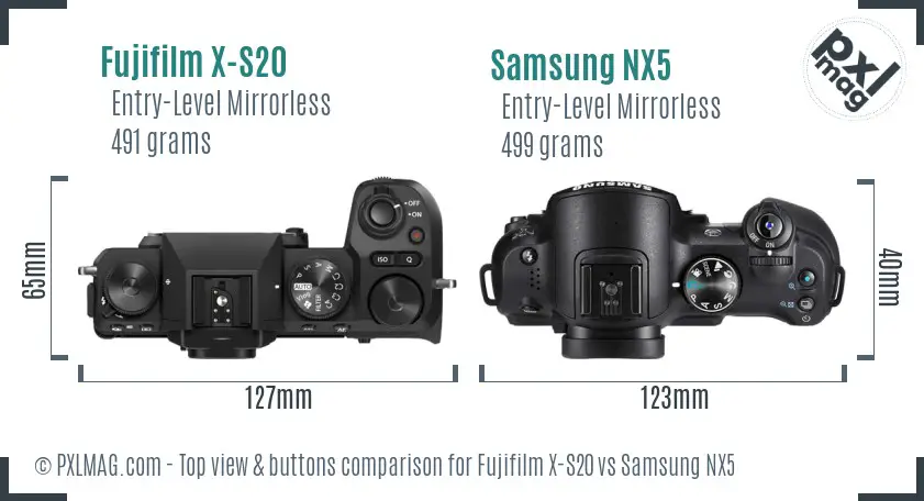 Fujifilm X-S20 vs Samsung NX5 top view buttons comparison