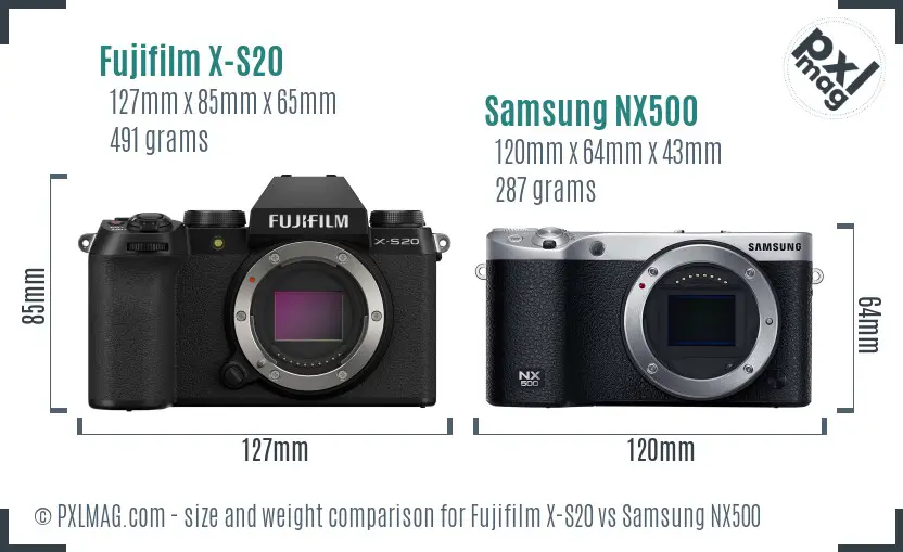 Fujifilm X-S20 vs Samsung NX500 size comparison