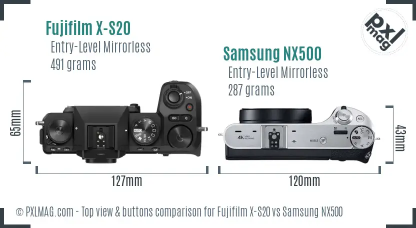 Fujifilm X-S20 vs Samsung NX500 top view buttons comparison
