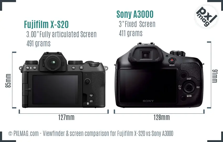 Fujifilm X-S20 vs Sony A3000 Screen and Viewfinder comparison