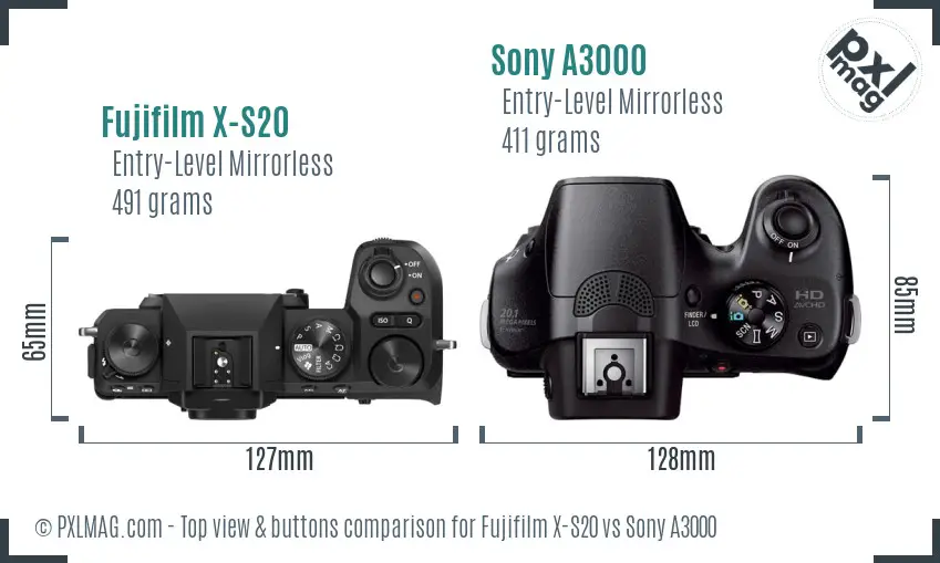 Fujifilm X-S20 vs Sony A3000 top view buttons comparison