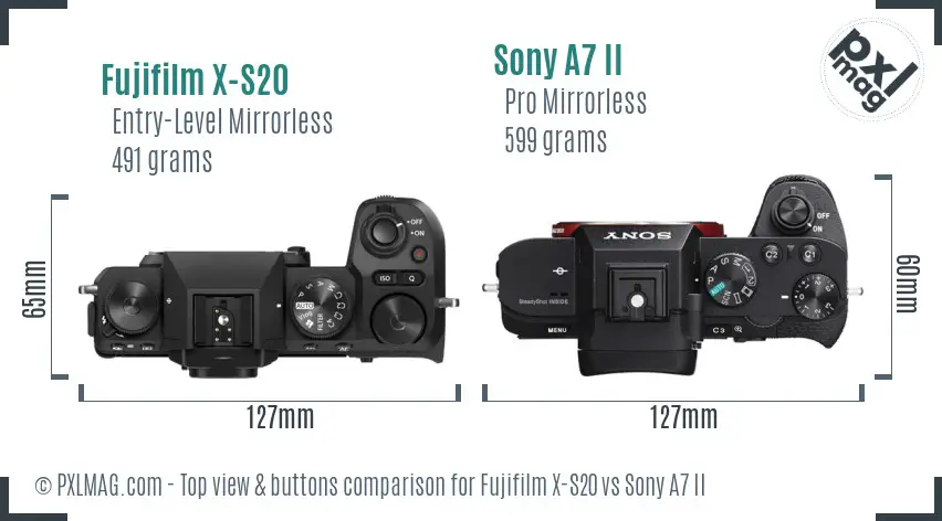 Fujifilm X-S20 vs Sony A7 II top view buttons comparison