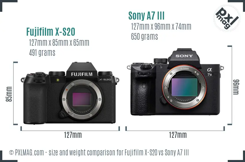 Fujifilm X-S20 vs Sony A7 III size comparison