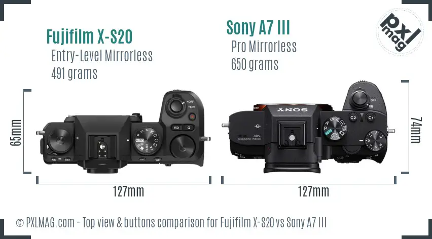 Fujifilm X-S20 vs Sony A7 III top view buttons comparison