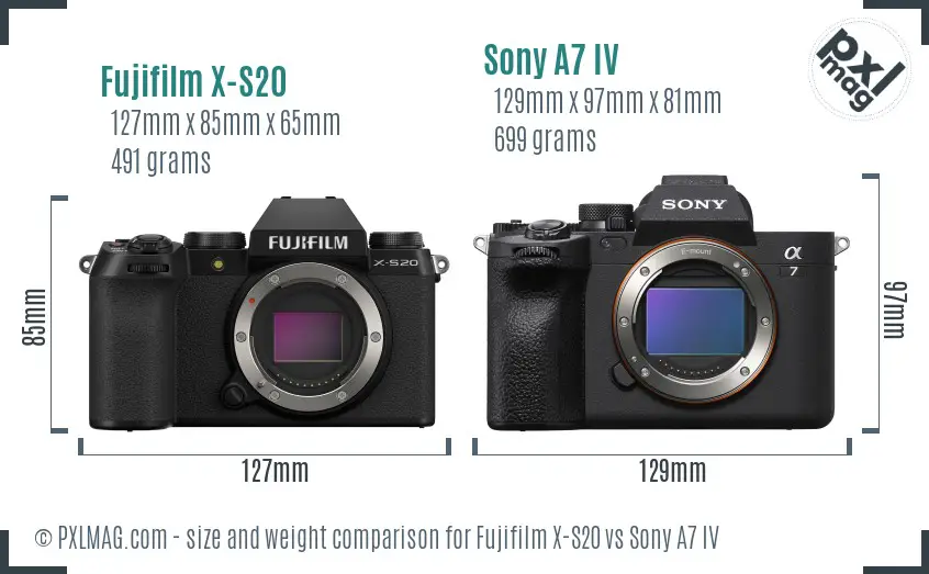 Fujifilm X-S20 vs Sony A7 IV size comparison