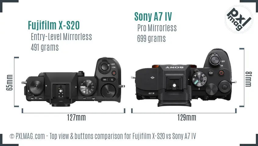 Fujifilm X-S20 vs Sony A7 IV top view buttons comparison