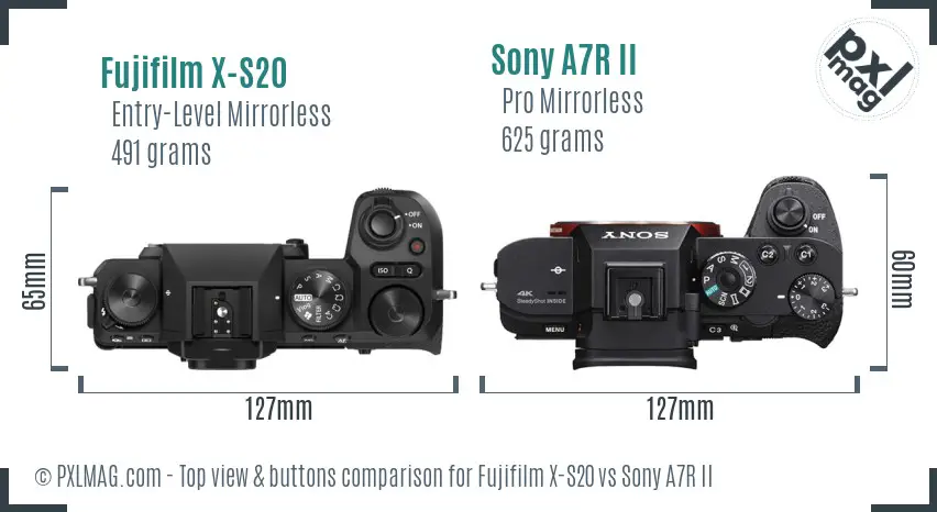 Fujifilm X-S20 vs Sony A7R II top view buttons comparison Fujifilm X-S20 vs Sony A7R II top view buttons comparison