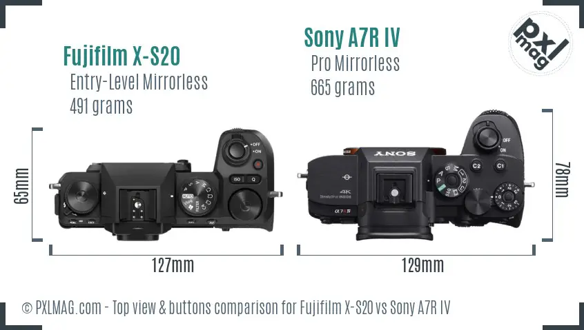 Fujifilm X-S20 vs Sony A7R IV top view buttons comparison Fujifilm X-S20 vs Sony A7R IV top view buttons comparison