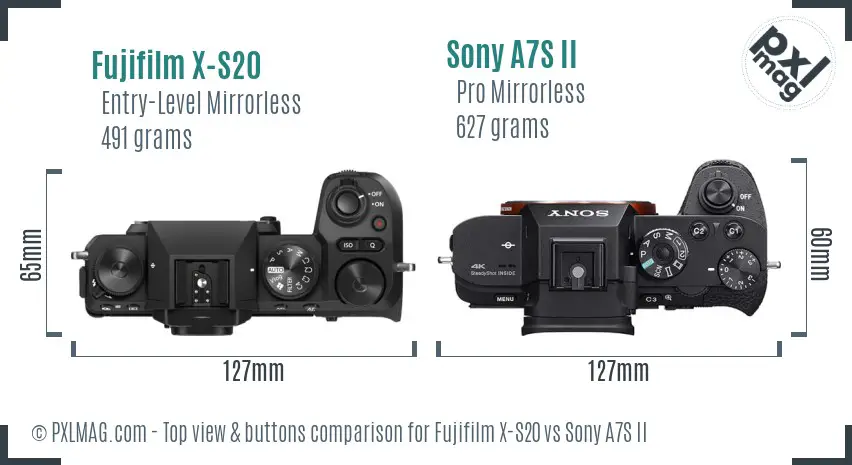 Fujifilm X-S20 vs Sony A7S II top view buttons comparison