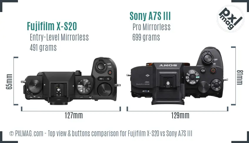 Fujifilm X-S20 vs Sony A7S III top view buttons comparison Fujifilm X-S20 vs Sony A7S III top view buttons comparison
