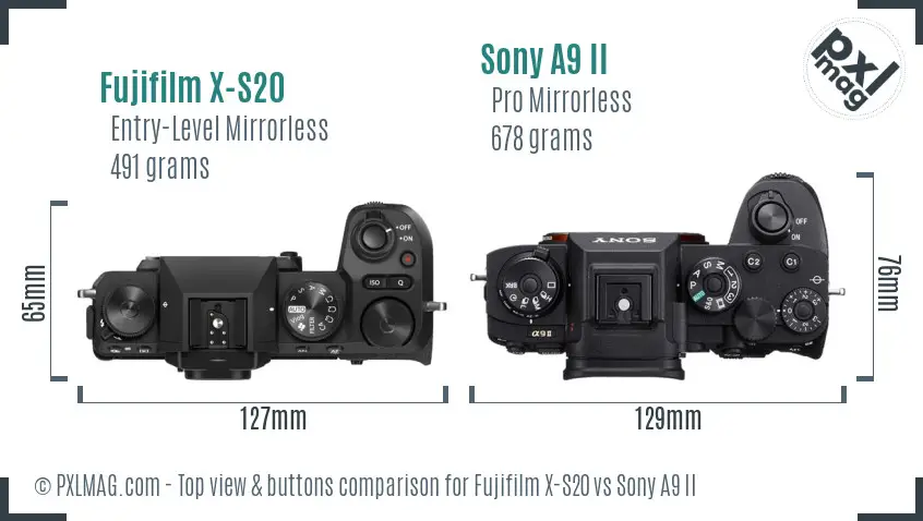 Fujifilm X-S20 vs Sony A9 II top view buttons comparison