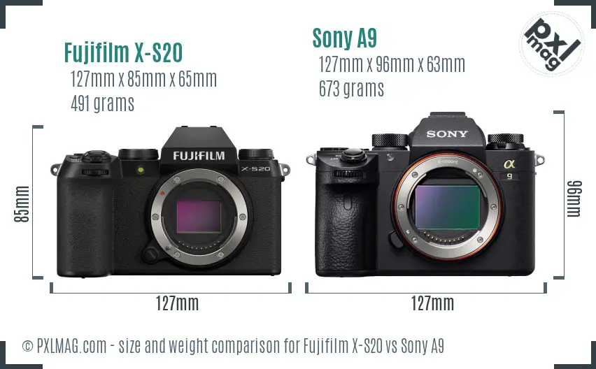 Fujifilm X-S20 vs Sony A9 size comparison