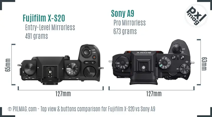 Fujifilm X-S20 vs Sony A9 top view buttons comparison