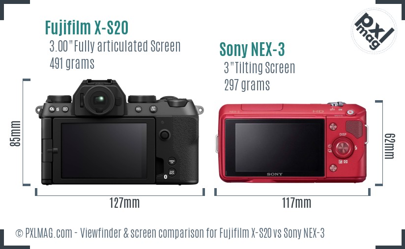 Fujifilm X-S20 vs Sony NEX-3 Screen and Viewfinder comparison